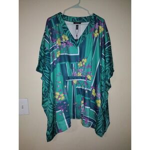 C. Wonder Christian Siriano Teal Floral Geometric Kaftan Top Plus Size 2X/3X NEW